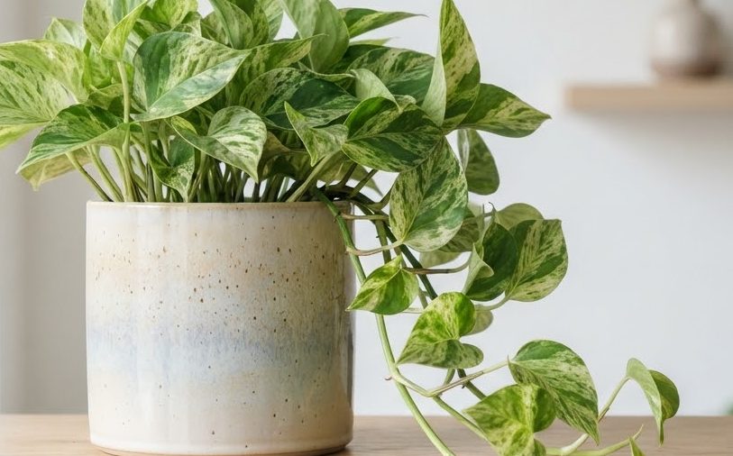 Money Plant in Ceramic Pot — detail view